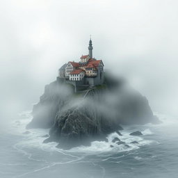 A book cover design featuring a solitary town perched atop a foggy cliff in a desolate and atmospheric landscape