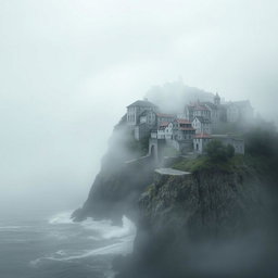 A book cover design featuring a solitary town perched atop a foggy cliff in a desolate and atmospheric landscape