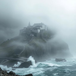 A book cover design featuring a solitary town perched atop a foggy cliff in a desolate and atmospheric landscape