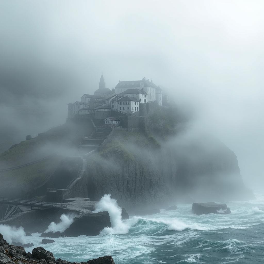 A book cover design featuring a solitary town perched atop a foggy cliff in a desolate and atmospheric landscape