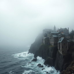 A book cover design featuring a solitary town perched atop a foggy cliff in a desolate and atmospheric landscape