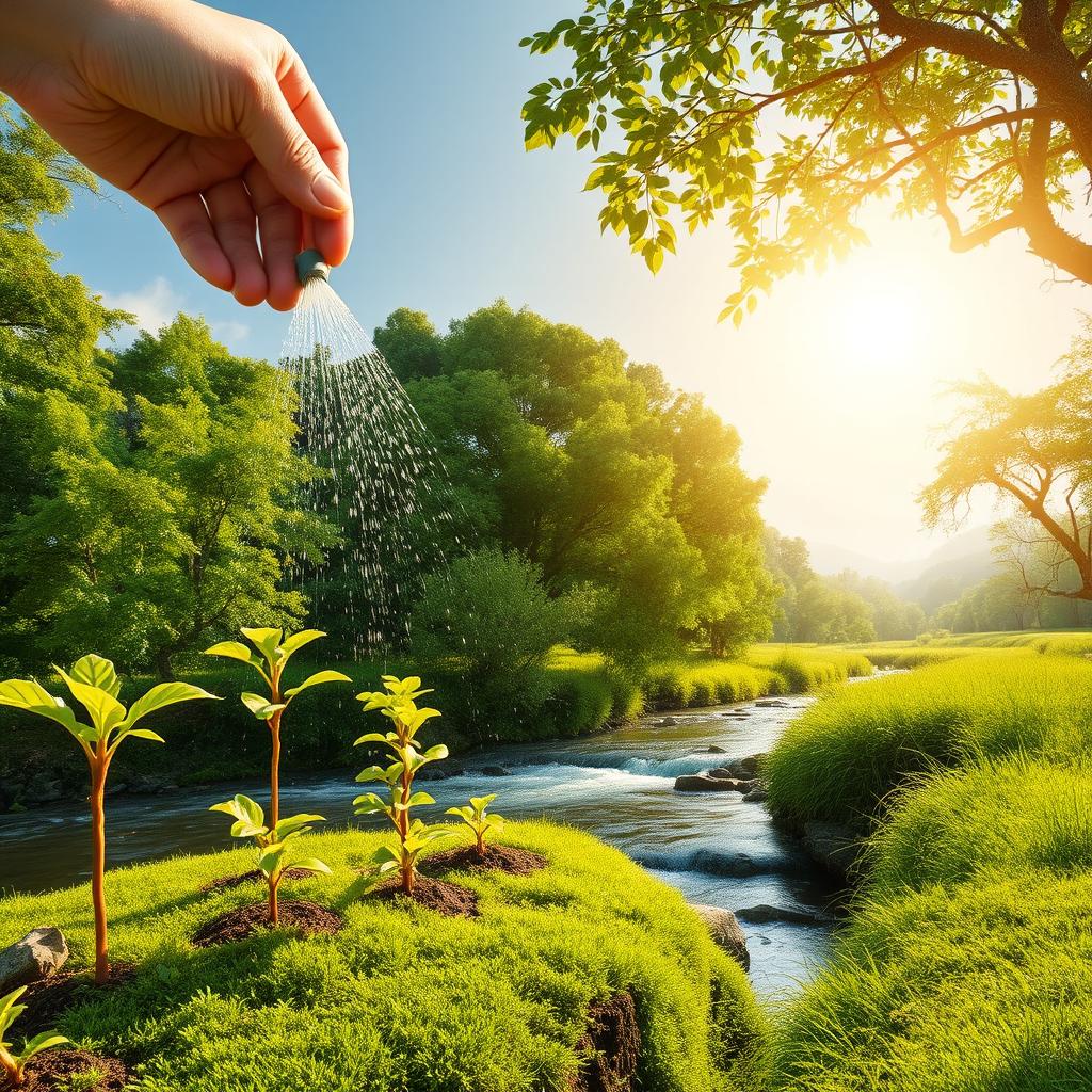 A serene paradise scene featuring a hand in the upper corner of the image watering several vibrant green tree seedlings with a sparkling sprinkler