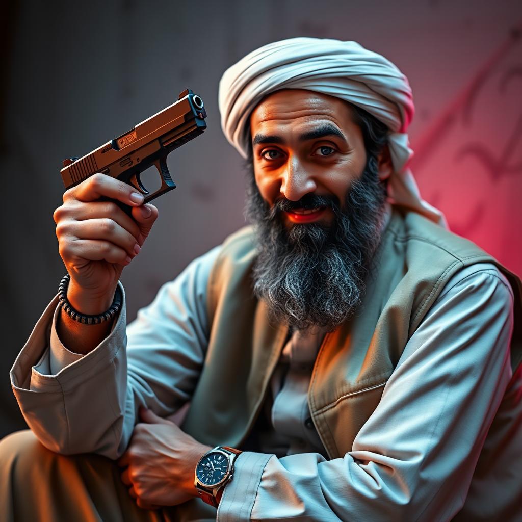 A detailed image featuring Osama Bin Laden, dressed in his traditional attire and a beige military vest, sitting down