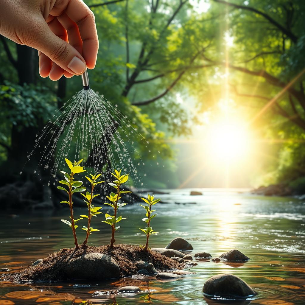 A serene paradise scene featuring a hand in the upper corner of the image, gently watering several small, vibrant tree seedlings with a sparkling sprinkler