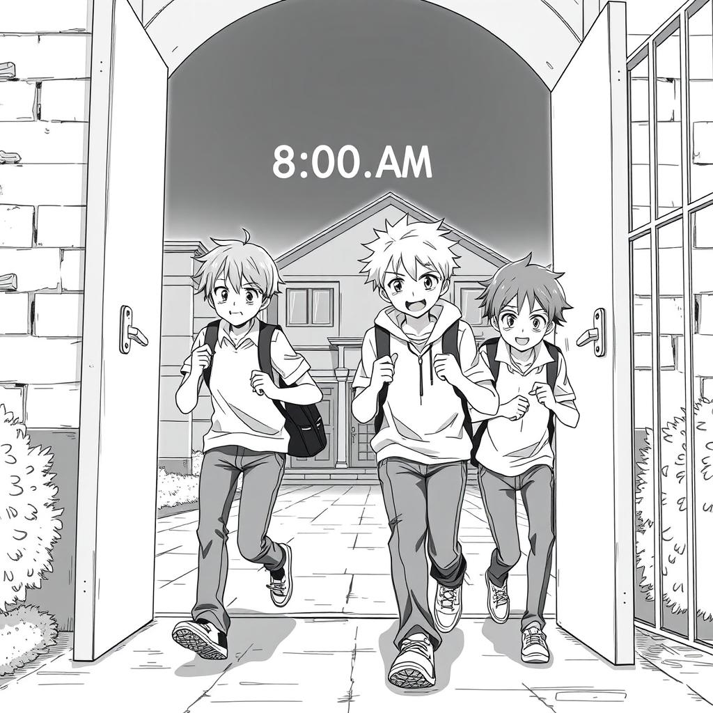 Four anime-style boys entering the high school gate, looking hurried and slightly out of breath, as they arrive late at 8:00 AM