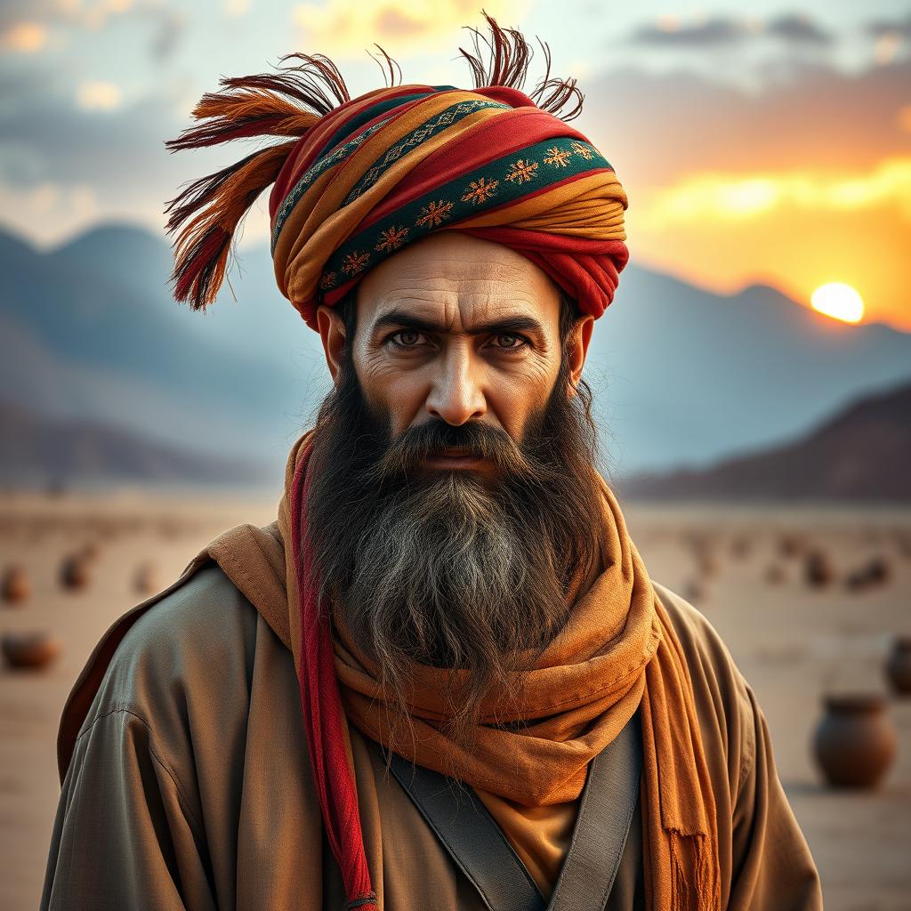 A stunning portrait of a fierce Taliban warrior, showcasing traditional Afghan attire, including an intricately designed turban and long beard