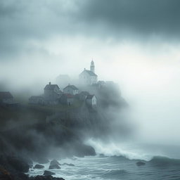 A captivating book cover design depicting a solitary town located on a foggy cliff in a desolate setting