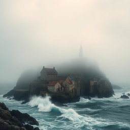 A captivating book cover design depicting a solitary town located on a foggy cliff in a desolate setting