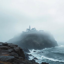 A captivating book cover design depicting a solitary town located on a foggy cliff in a desolate setting