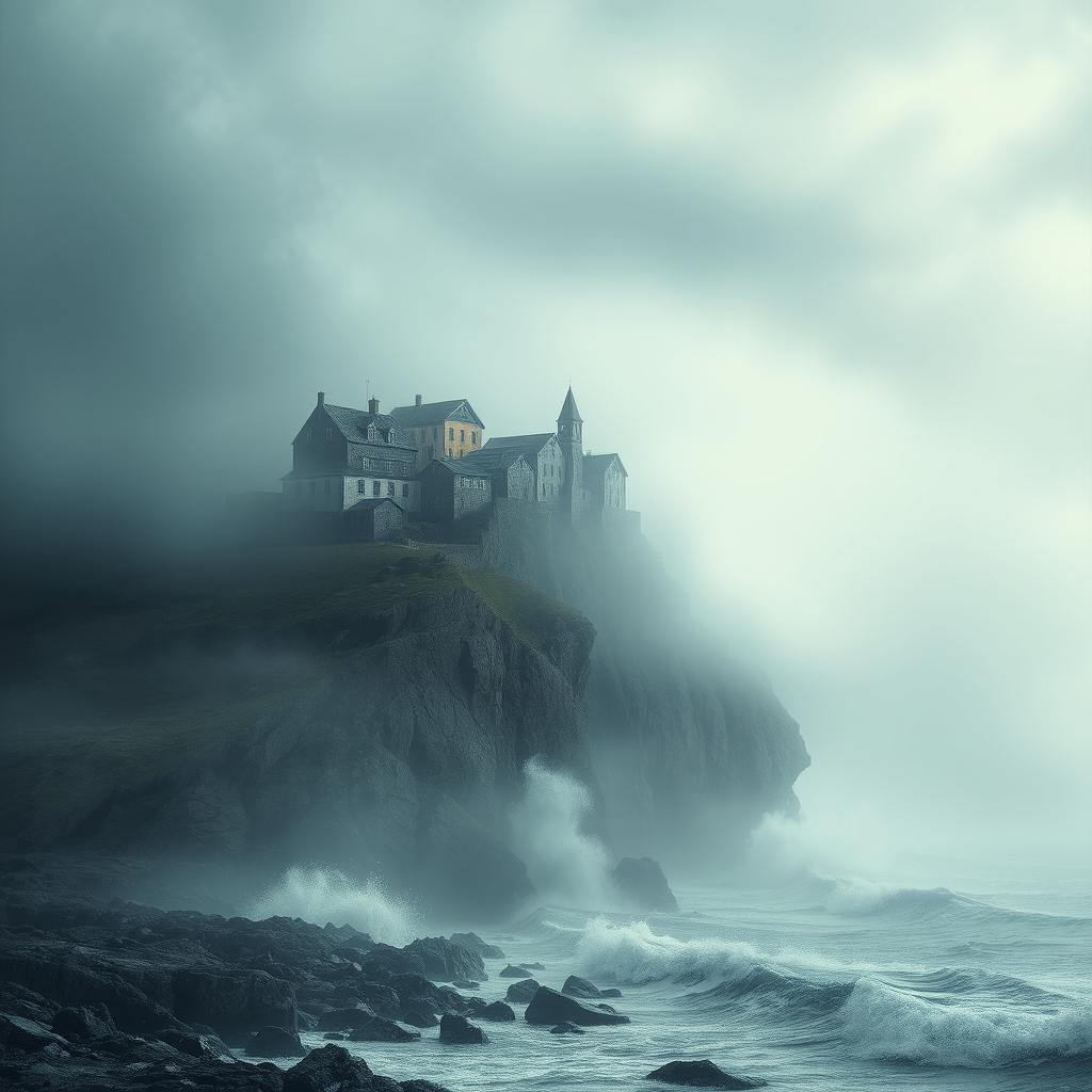 A captivating book cover design depicting a solitary town located on a foggy cliff in a desolate setting