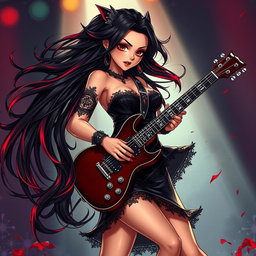 A charismatic Latina vampire rockstar with mesmerizing brown eyes, long flowing dark hair adorned with striking red highlights, and a radiant tan complexion