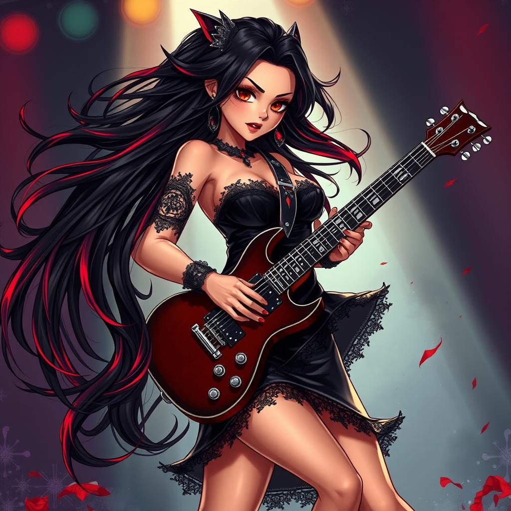A charismatic Latina vampire rockstar with mesmerizing brown eyes, long flowing dark hair adorned with striking red highlights, and a radiant tan complexion