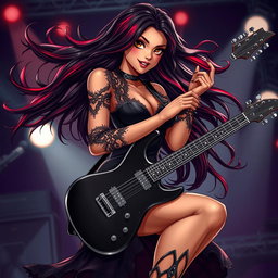 A charismatic Latina vampire rockstar with mesmerizing brown eyes, long flowing dark hair adorned with striking red highlights, and a radiant tan complexion