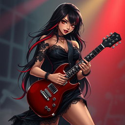 A charismatic Latina vampire rockstar with mesmerizing brown eyes, long flowing dark hair adorned with striking red highlights, and a radiant tan complexion