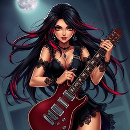 A charismatic Latina vampire rockstar with mesmerizing brown eyes, long flowing dark hair adorned with striking red highlights, and a radiant tan complexion
