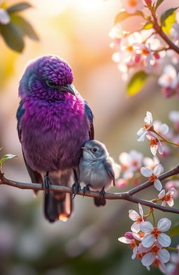 A beautiful scene depicting a mother purple bird gently caring for her baby purple bird, both perched on a delicate branch of a flowering tree