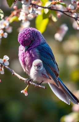 A beautiful scene depicting a mother purple bird gently caring for her baby purple bird, both perched on a delicate branch of a flowering tree