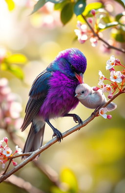 A beautiful scene depicting a mother purple bird gently caring for her baby purple bird, both perched on a delicate branch of a flowering tree