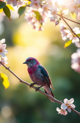 A beautiful scene depicting a mother purple bird gently caring for her baby purple bird, both perched on a delicate branch of a flowering tree