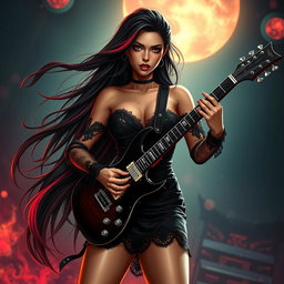 A charismatic Latina vampire rockstar with mesmerizing brown eyes, long flowing dark hair featuring vibrant red highlights, and a beautiful tan complexion