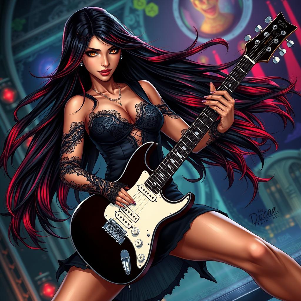 A charismatic Latina vampire rockstar with mesmerizing brown eyes, long flowing dark hair featuring vibrant red highlights, and a beautiful tan complexion