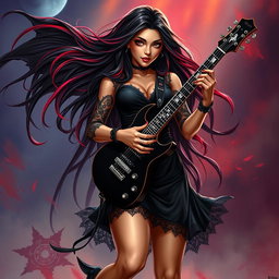 A charismatic Latina vampire rockstar with mesmerizing brown eyes, long flowing dark hair featuring vibrant red highlights, and a beautiful tan complexion