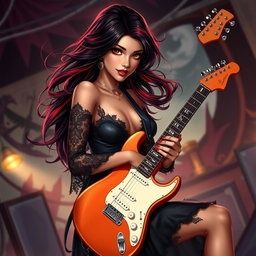 A charismatic Latina vampire rockstar with mesmerizing brown eyes, long flowing dark hair featuring vibrant red highlights, and a beautiful tan complexion