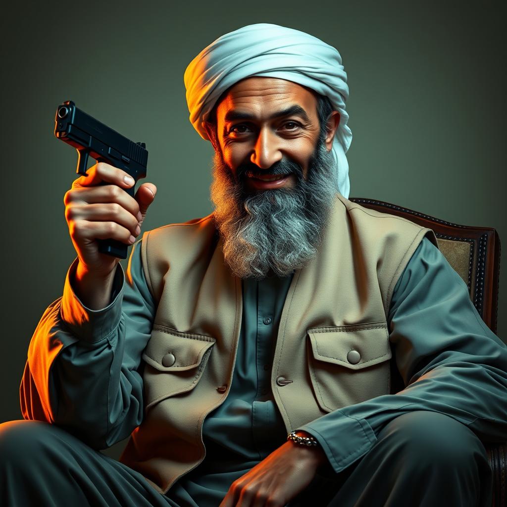 A detailed image featuring Osama Bin Laden, dressed in his traditional attire along with a beige military vest, seated in a powerful stance