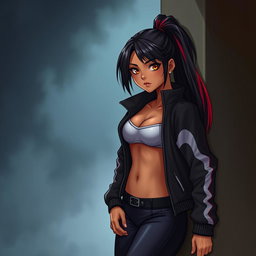 A charismatic Latina vampire with mesmerizing brown eyes, long dark hair styled into a sleek ponytail with vibrant red highlights and a gorgeous tan complexion