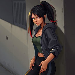A charismatic Latina vampire with mesmerizing brown eyes, long dark hair styled into a sleek ponytail with vibrant red highlights and a gorgeous tan complexion