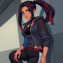 A charismatic Latina vampire with mesmerizing brown eyes, long dark hair styled into a sleek ponytail with vibrant red highlights and a gorgeous tan complexion