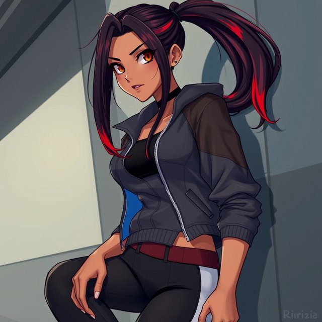 A charismatic Latina vampire with mesmerizing brown eyes, long dark hair styled into a sleek ponytail with vibrant red highlights and a gorgeous tan complexion