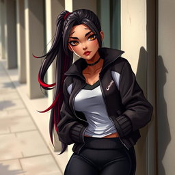 A charismatic Latina vampire with mesmerizing brown eyes, long dark hair styled into a sleek ponytail with vibrant red highlights and a gorgeous tan complexion