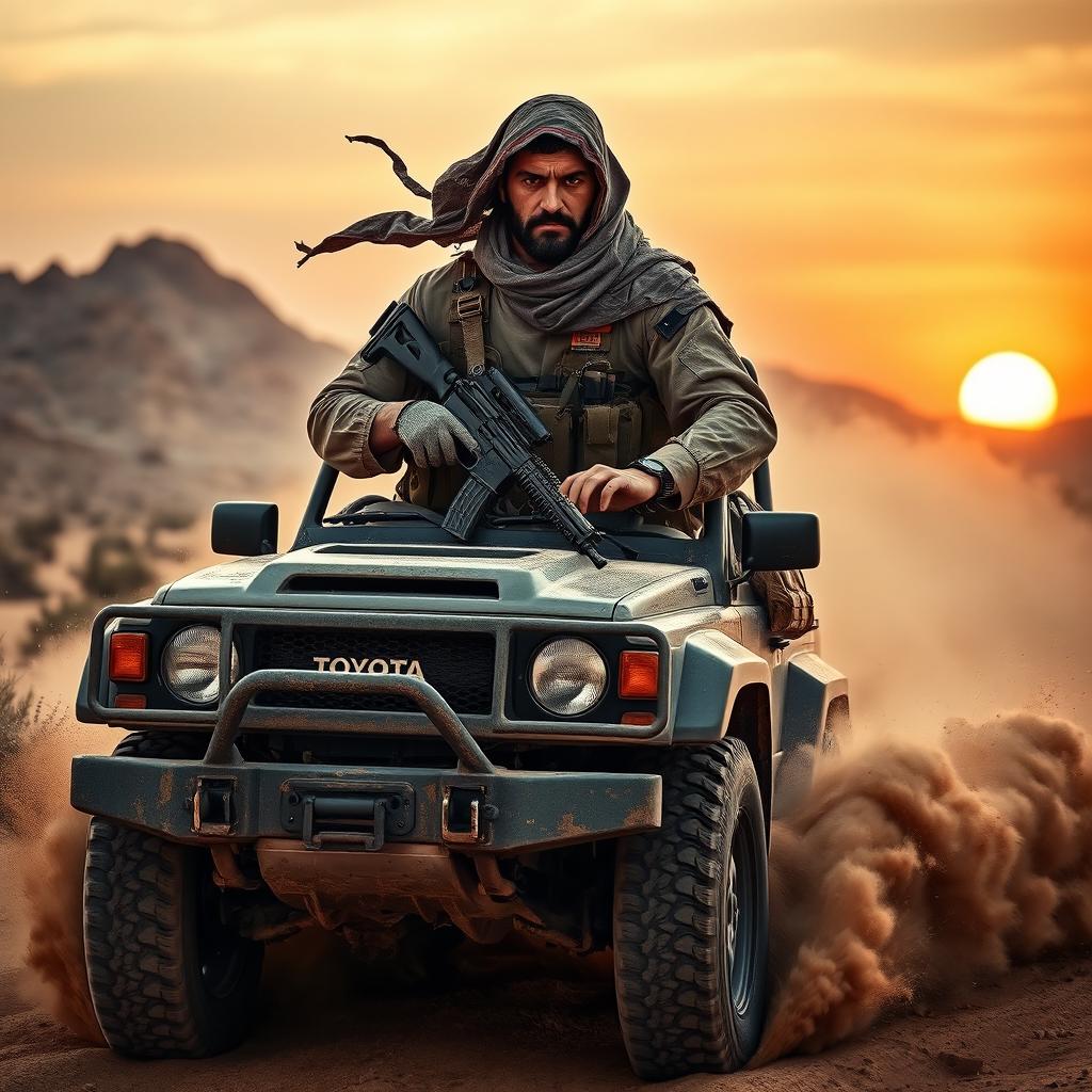 A dramatic scene depicting a fierce fighter, dressed in tactical gear associated with a desert environment, confidently driving a rugged Toyota vehicle through a barren landscape
