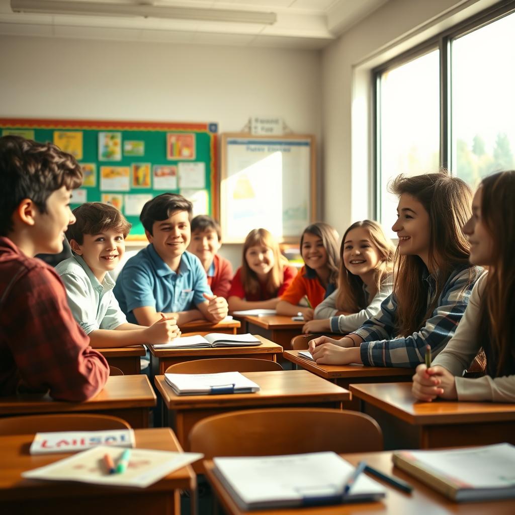 Dynamic Classroom Vibes: Boys & Girls Engaged in Conversation