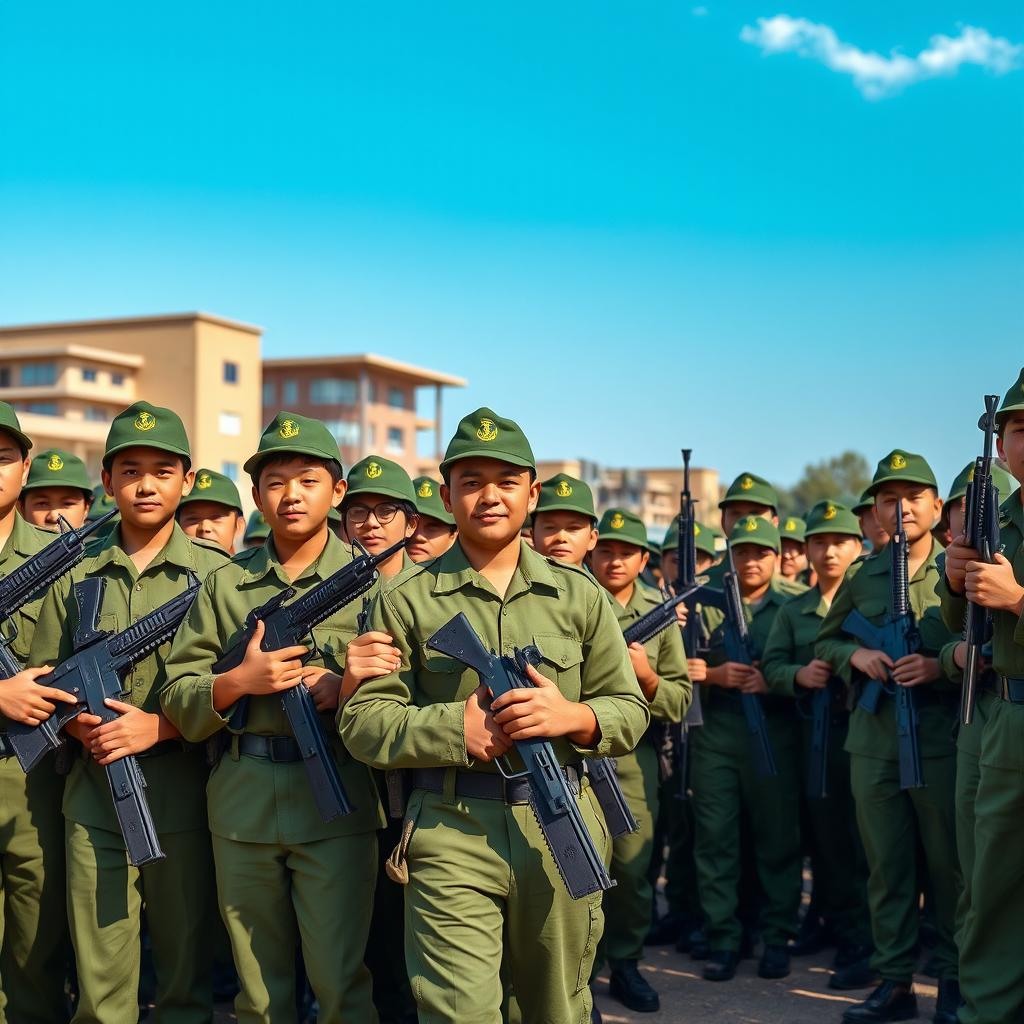 A vibrant scene depicting 100 young soldiers dressed in green military uniforms, each confidently holding weapons