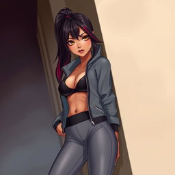 A charismatic Latina vampire with mesmerizing brown eyes, long dark hair styled into a sleek ponytail with striking red highlights, and a radiant tan complexion