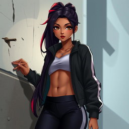 A charismatic Latina vampire with mesmerizing brown eyes, long dark hair styled into a sleek ponytail with striking red highlights, and a radiant tan complexion
