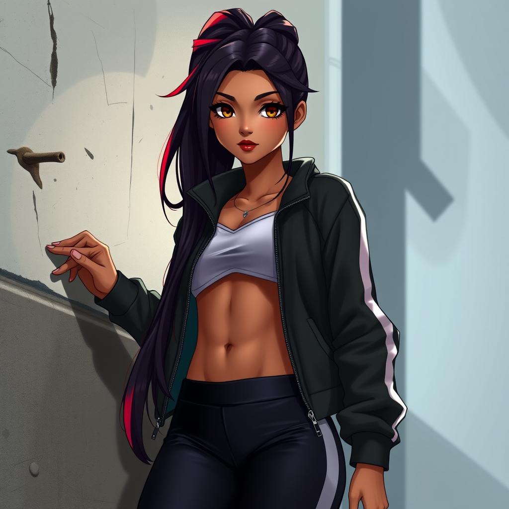 A charismatic Latina vampire with mesmerizing brown eyes, long dark hair styled into a sleek ponytail with striking red highlights, and a radiant tan complexion