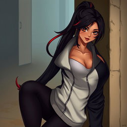 A charismatic Latina vampire with mesmerizing brown eyes, long dark hair styled into a sleek ponytail with striking red highlights, and a radiant tan complexion