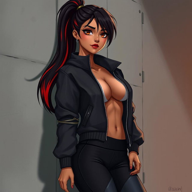 A charismatic Latina vampire with mesmerizing brown eyes, long dark hair styled into a sleek ponytail with striking red highlights, and a radiant tan complexion