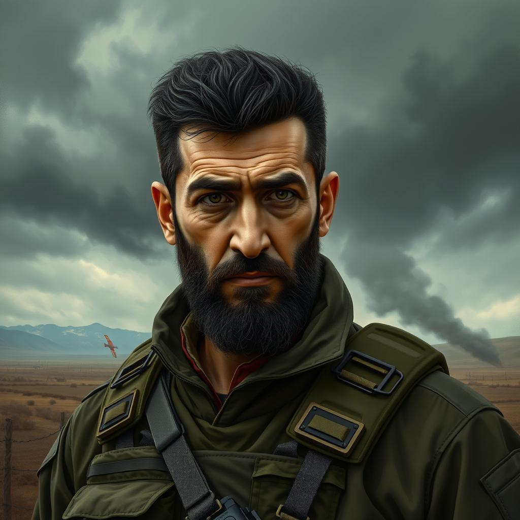 A detailed portrait of Abdulmalek Rigi, depicted as a serious figure in a tense, dramatic setting