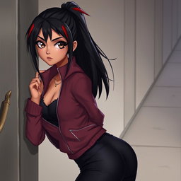 A charismatic Latina vampire with mesmerizing brown eyes, long dark hair styled into a sleek ponytail adorned with striking red highlights, and a warm tan complexion