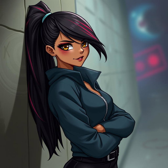 A charismatic Latina vampire with mesmerizing brown eyes, long dark hair styled into a sleek ponytail adorned with striking red highlights, and a warm tan complexion