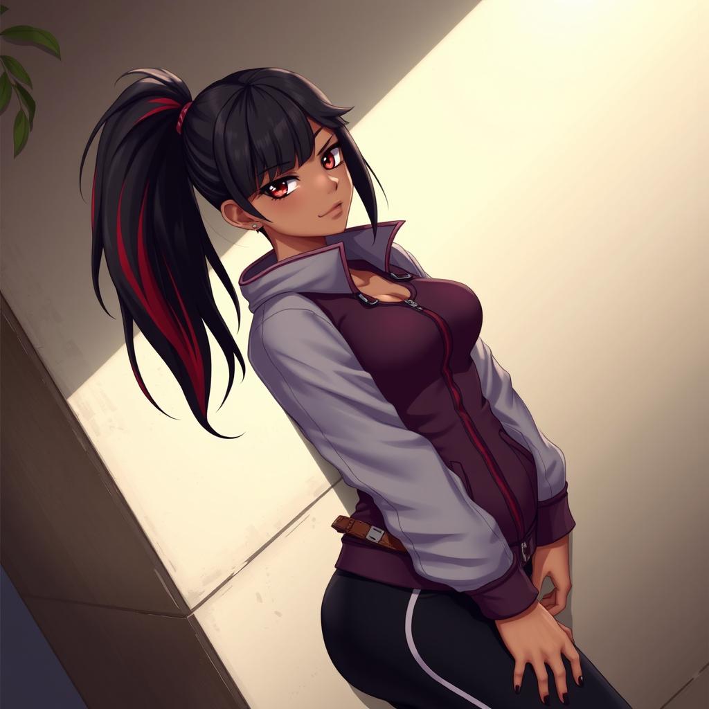 A charismatic Latina vampire with mesmerizing brown eyes, long dark hair styled into a sleek ponytail adorned with striking red highlights, and a warm tan complexion