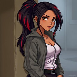A charismatic Latina vampire with mesmerizing brown eyes, long dark hair styled into a sleek ponytail adorned with striking red highlights, and a warm tan complexion