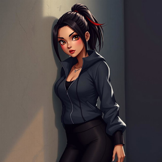 A charismatic Latina vampire with mesmerizing brown eyes, long dark hair styled into a ponytail with striking red highlights, and a beautiful tan complexion