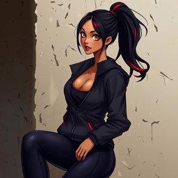 A charismatic Latina vampire with mesmerizing brown eyes, long dark hair styled into a ponytail with striking red highlights, and a beautiful tan complexion