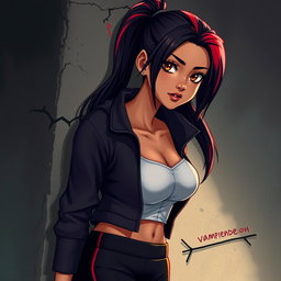 A charismatic Latina vampire with mesmerizing brown eyes, long dark hair styled into a ponytail with striking red highlights, and a beautiful tan complexion