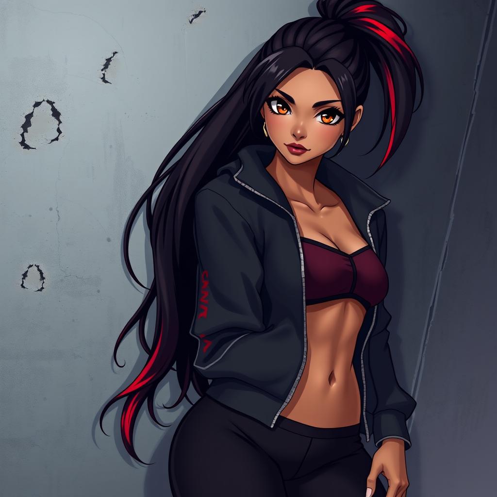 A charismatic Latina vampire with mesmerizing brown eyes, long dark hair styled into a ponytail with striking red highlights, and a beautiful tan complexion